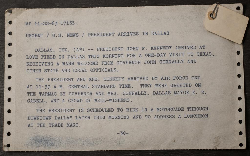 A 1963 news wire dispatch typed in capitals on perforated paper