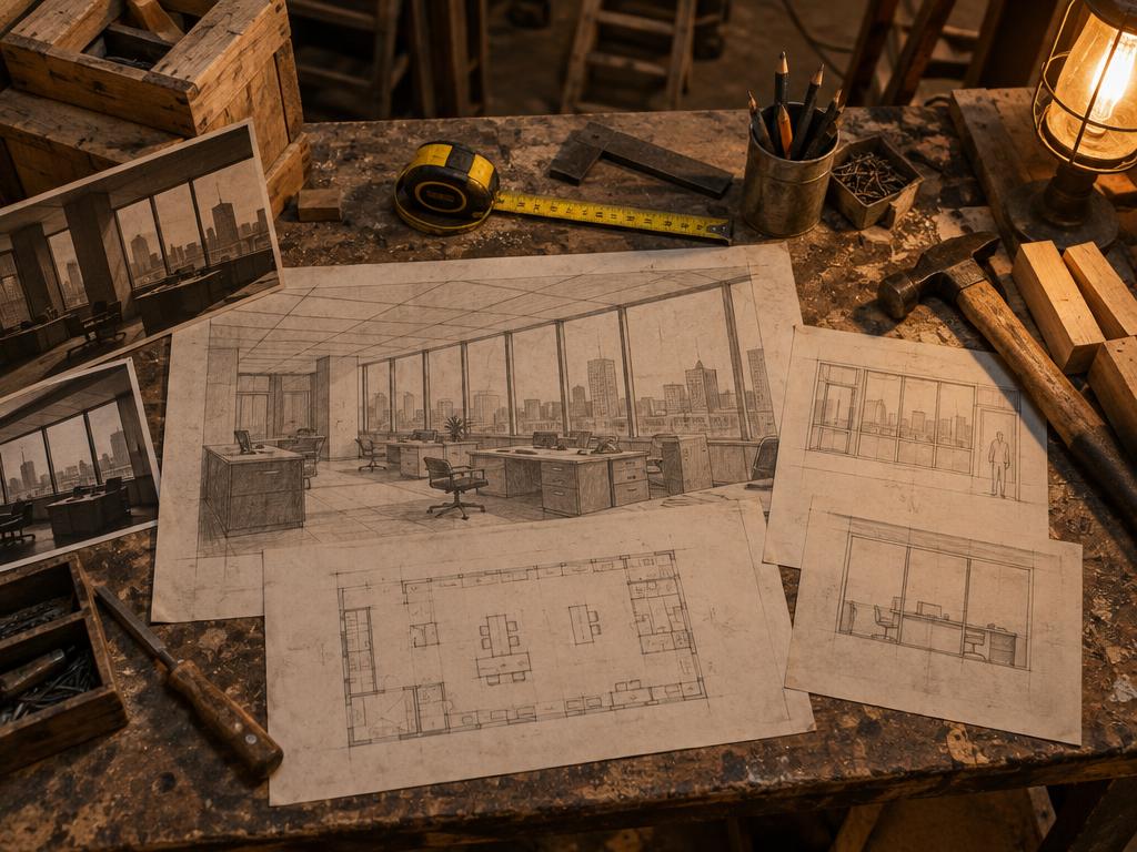 Pencil construction sketches of an office floor laid out on a dusty workbench with hand tools